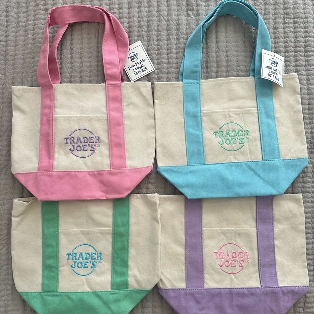 Trader Joe’s Canvas Tote Bag Set -  Pastel Pink, Blue, Purple, Green